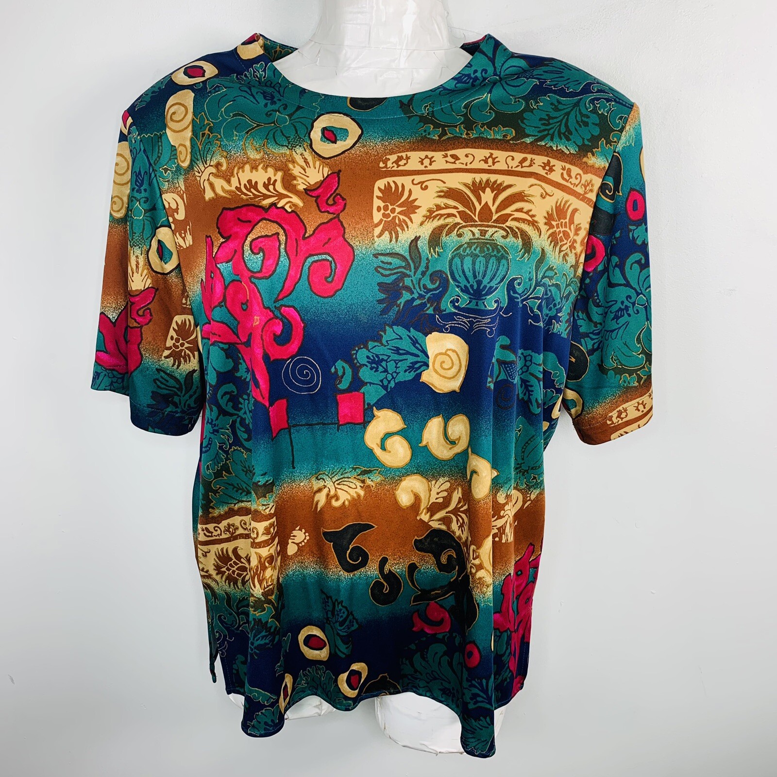 Top Notch Womens Top sz 26W Green Tan Pink 90s Art Teacher Maximalist VINTAGE