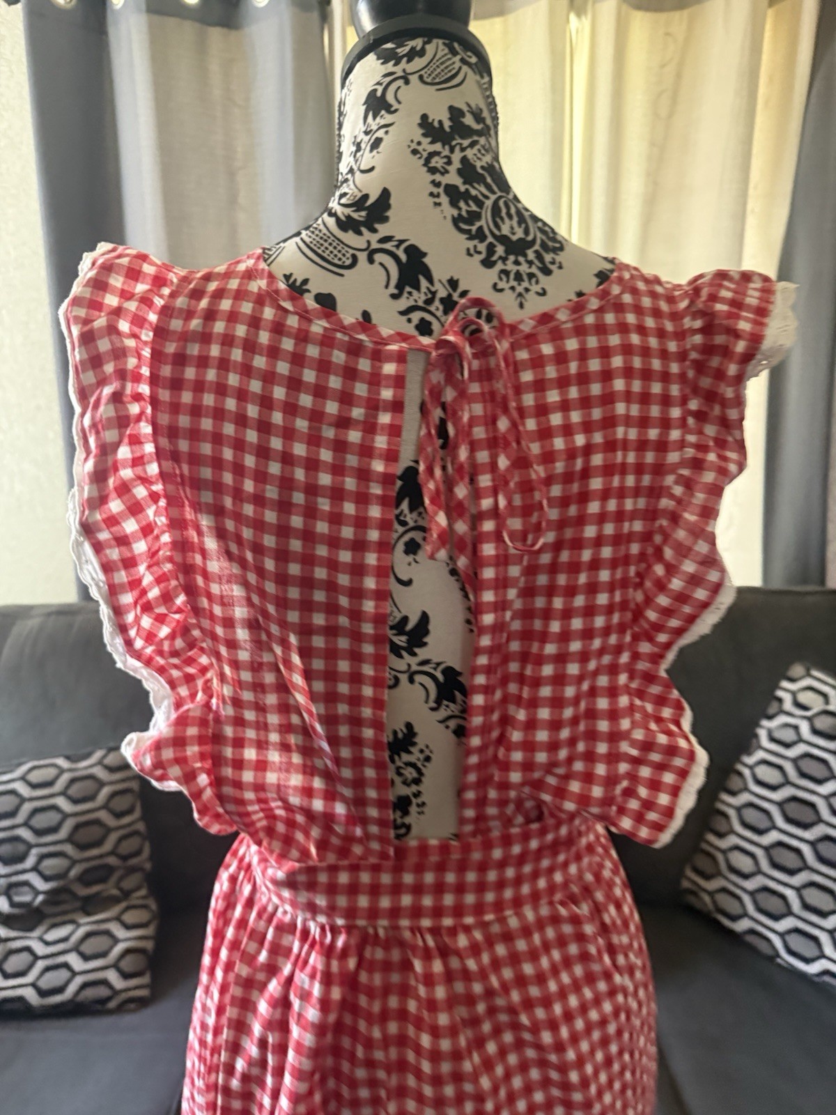 Vintage 70s Red White Checkered Apron Bib Dress