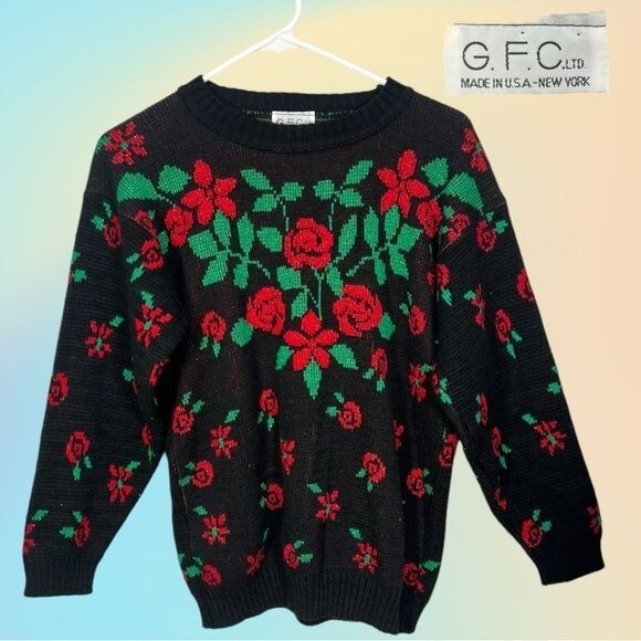 VTG G.F.C Ltd Black w/ metallic Red & Green Floral Acrylic Pullover Sweater
