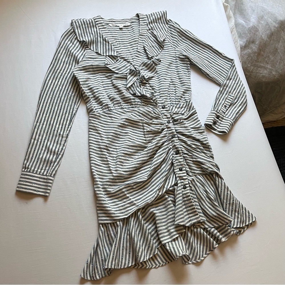 VERONICA BEARD ivory grey striped Swiss dot ruffle button up long sleeve mini