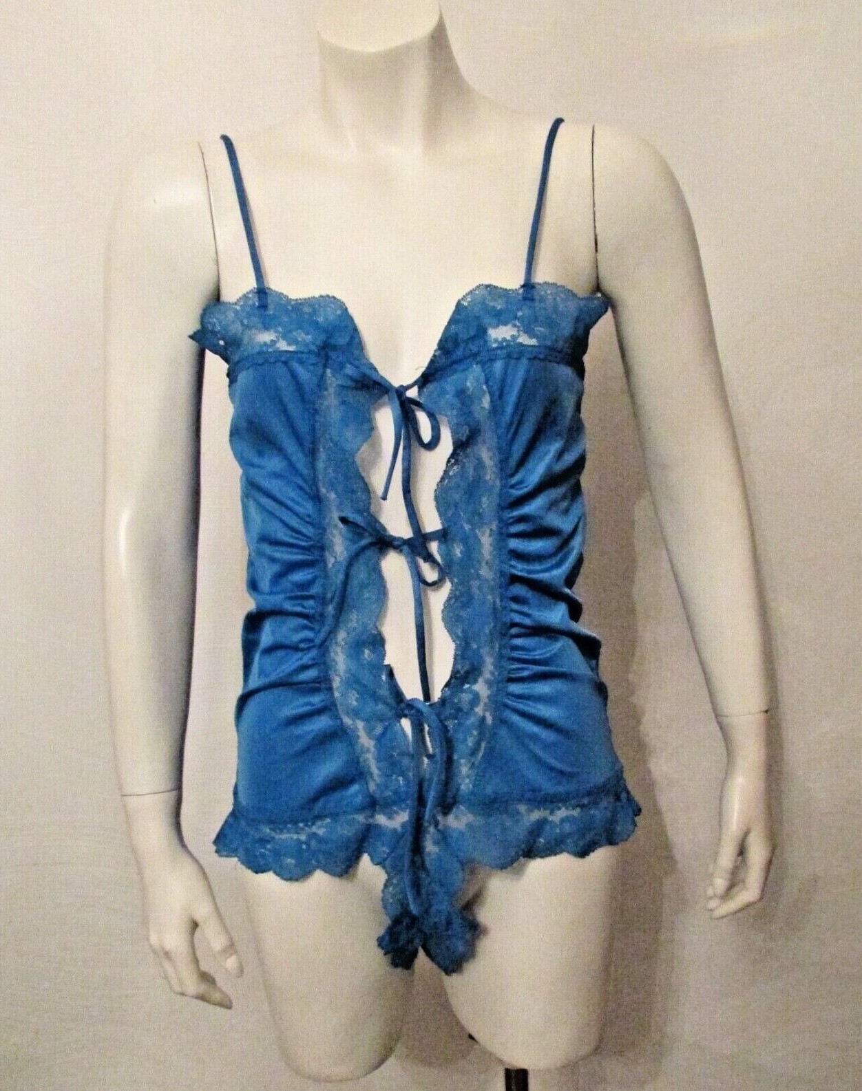 60’s Elissia Silky Nylon Lace Trim High Leg One Piece Teddy Bodysuit M USA made