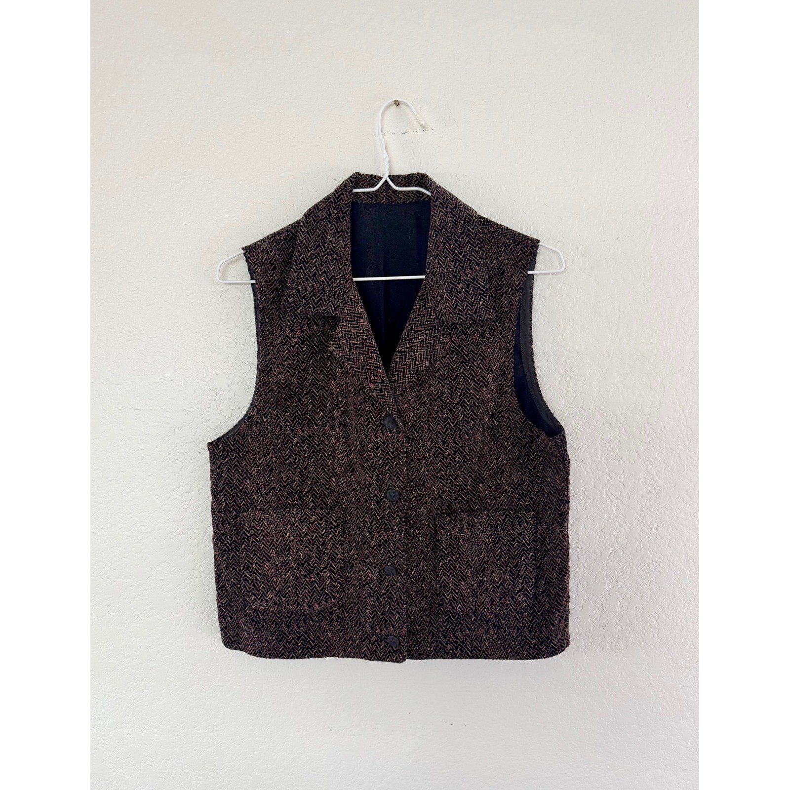 Vintage Textured Herringbone Vest Notched Lapel Button Front Black Gold Pink