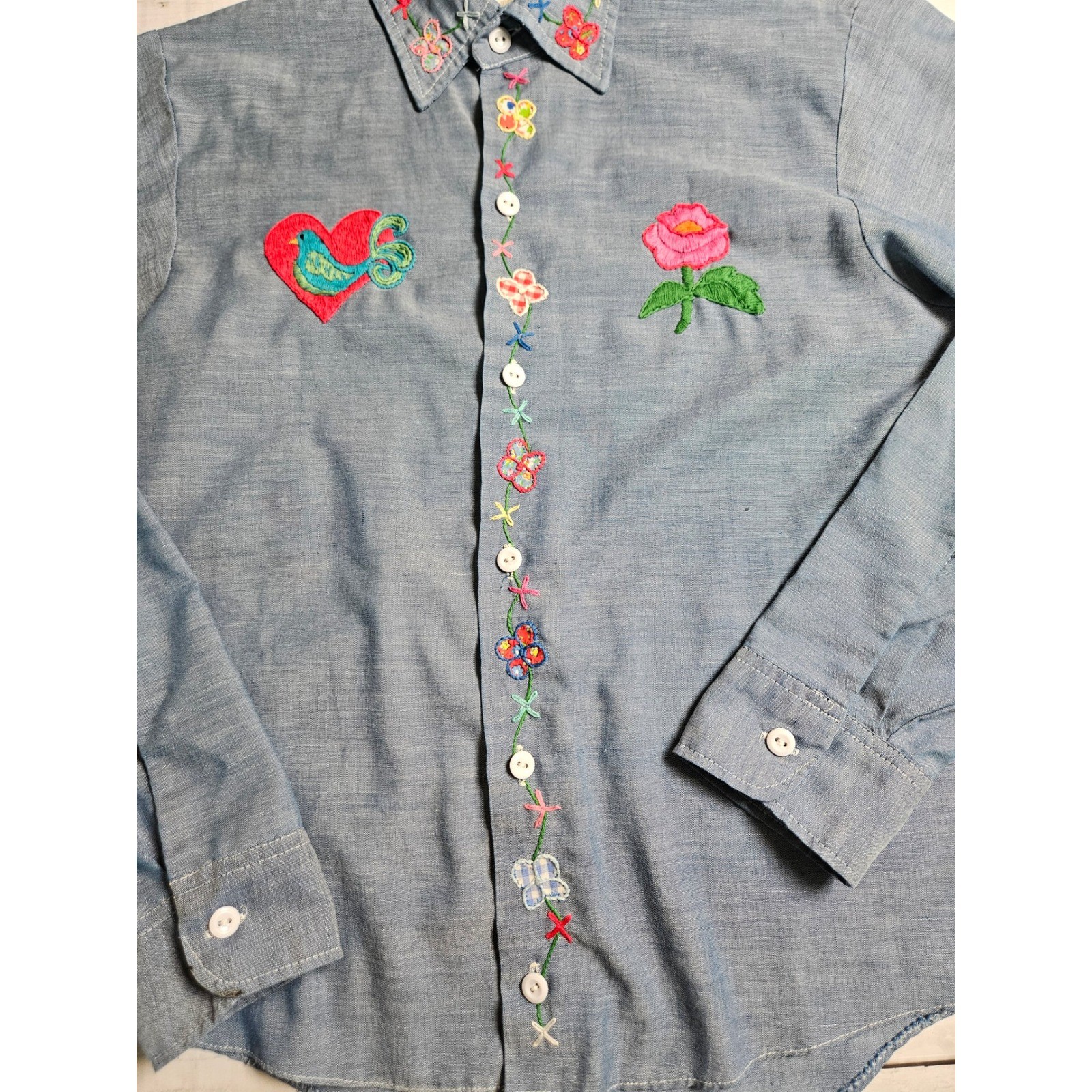 Vintage Big Mac JCPenney Hand Embroidered Chambray Shirt Blue Floral Bird S/M