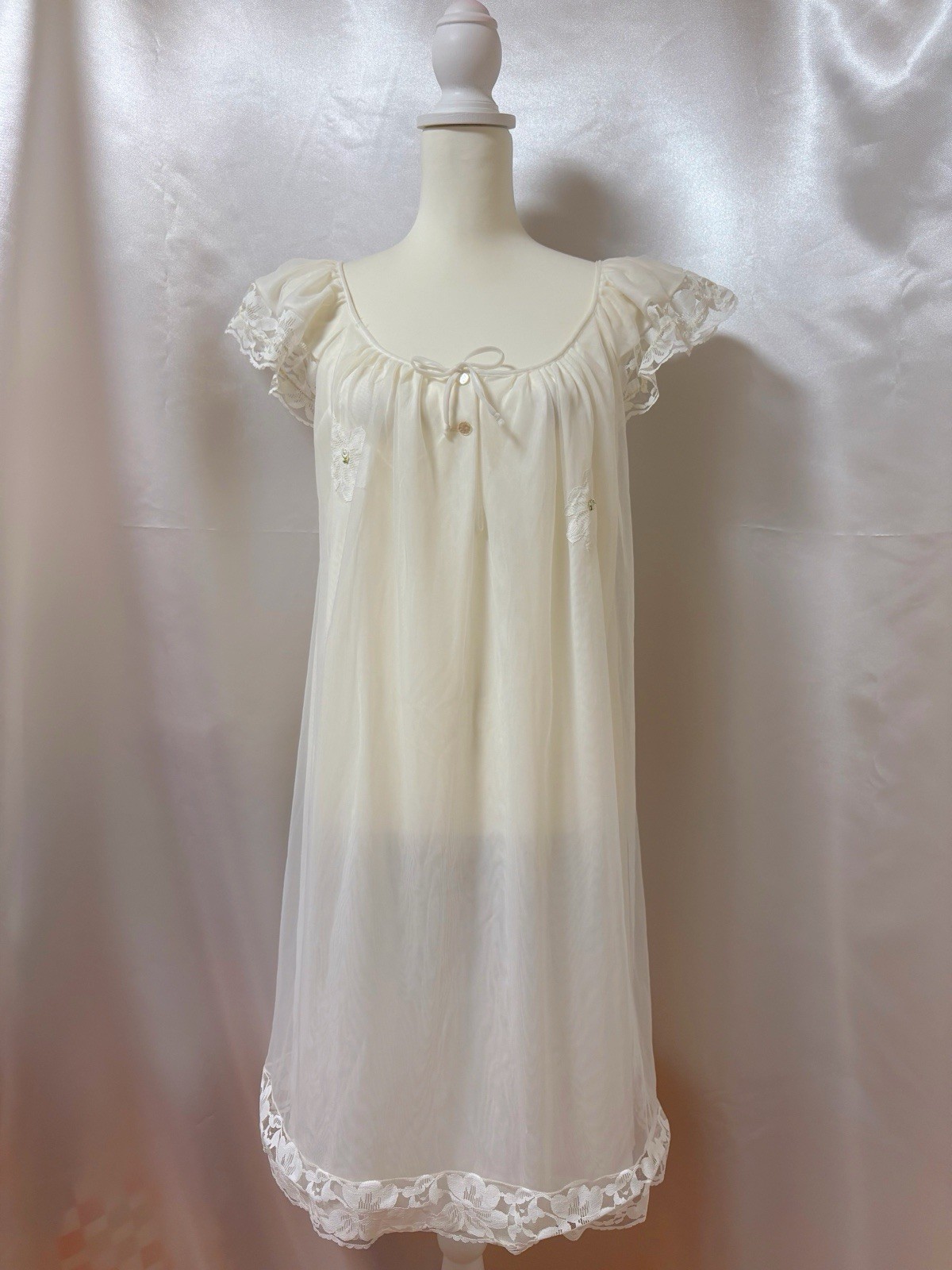 Vintage 1960s White Lace Nightgown Chiffon Rosette Applique Sheer Lingerie Dress