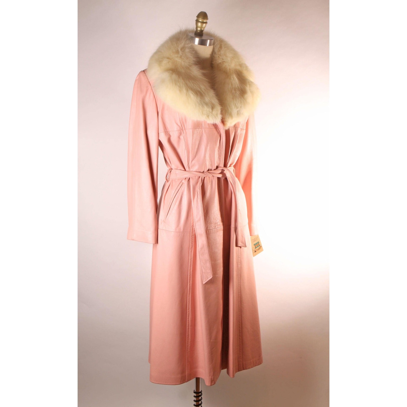 1970s Pink Leather Cream Fox Fur Trench Coat by New England Sportswear Company