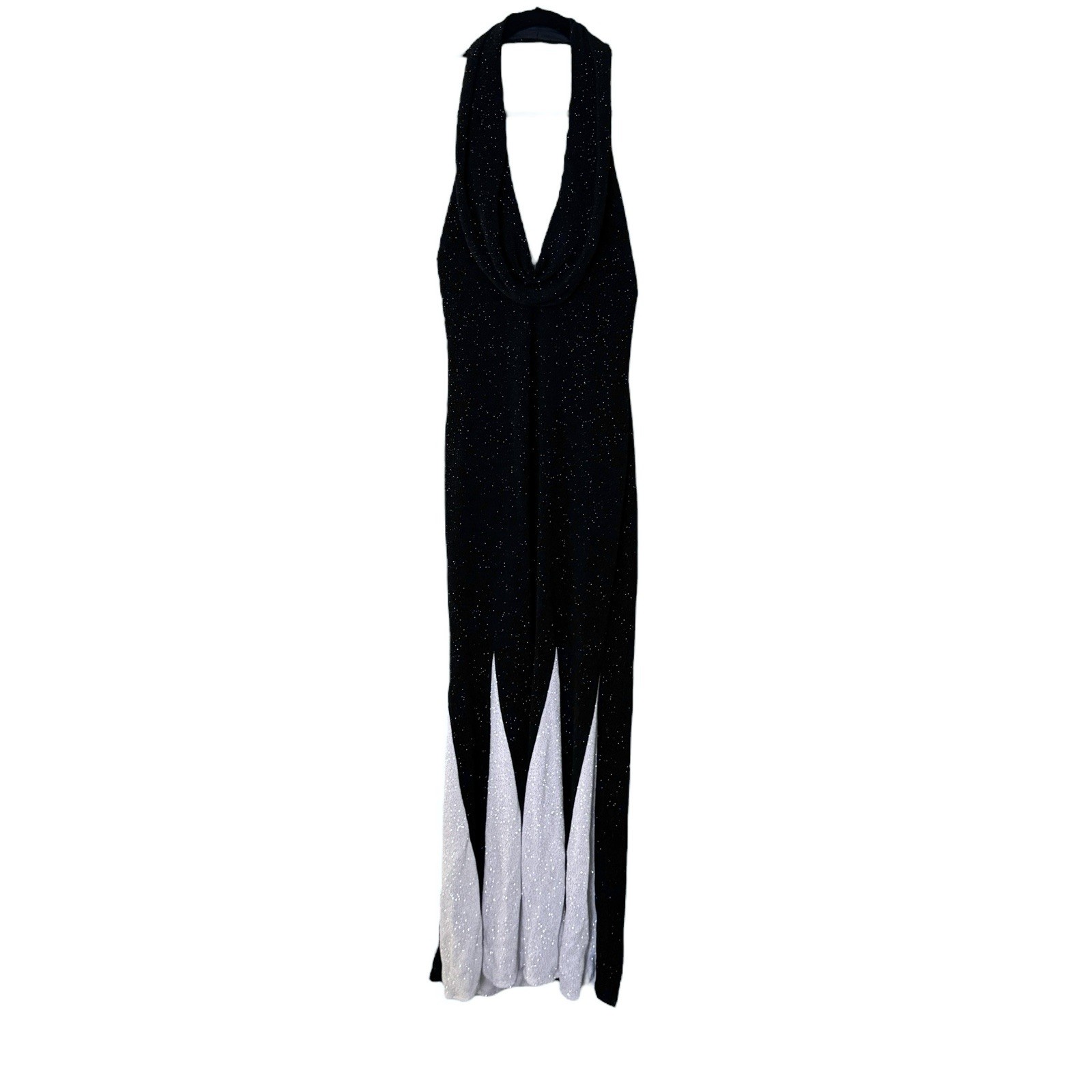 Maxi Halter Dress Women’s 10 Black White Sparkly Stretchy Cruella Vintage