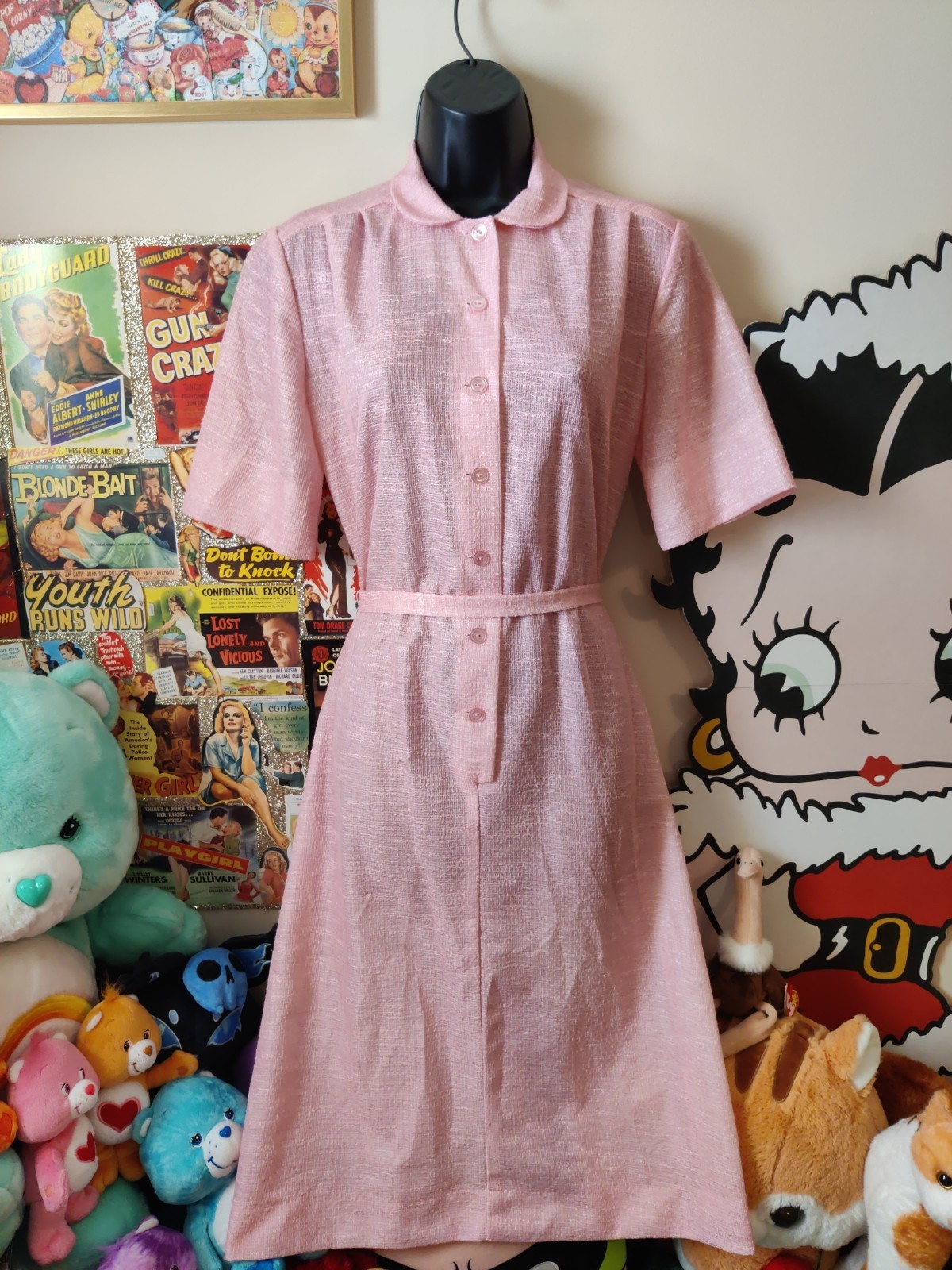 Vtg 70s Pink Sheer Casual Day Dress A Nancy Frock Peter Pan Collar Spring Summer