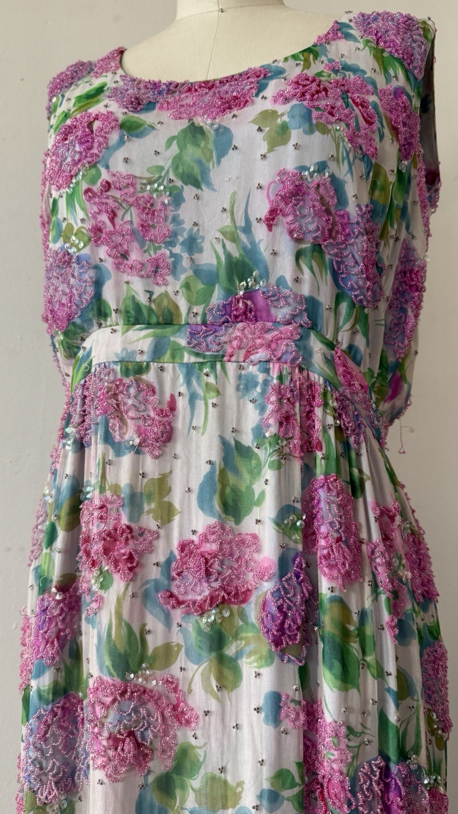 Vintage 1950s 60s Rare Designer Sara Fredericks Hand Beaded Chiffon Evening Gown