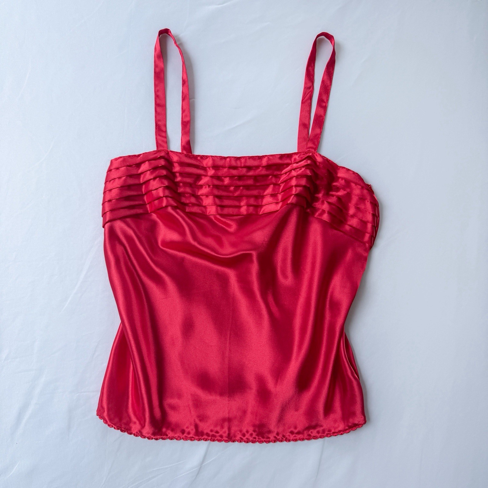 Vintage 80s Escapades Red Satin Tank Top Pin Tuck Pleated Bodice Cami Sz M