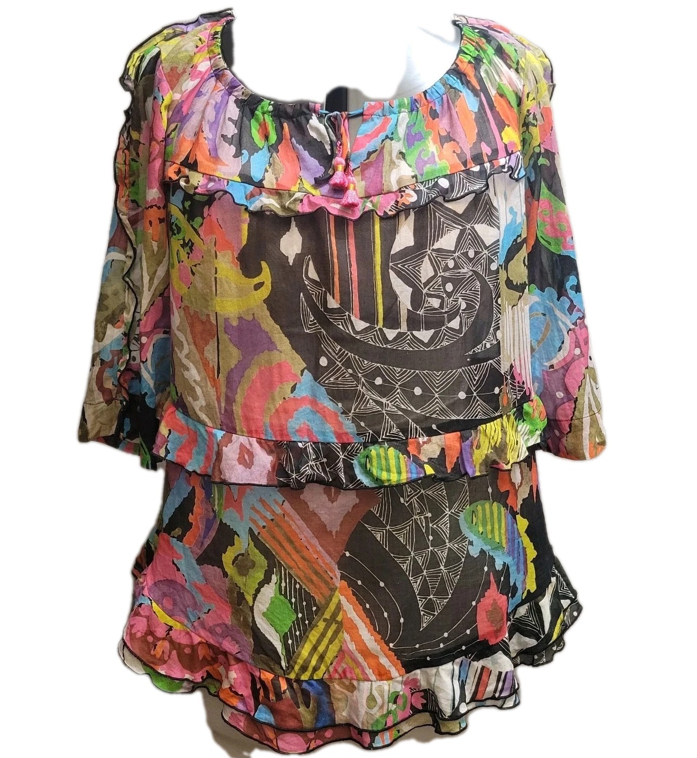 EUC Chacock Mixed Prints Ruffled Blouse Cotton S/M Tassles Tie Neck Abstract
