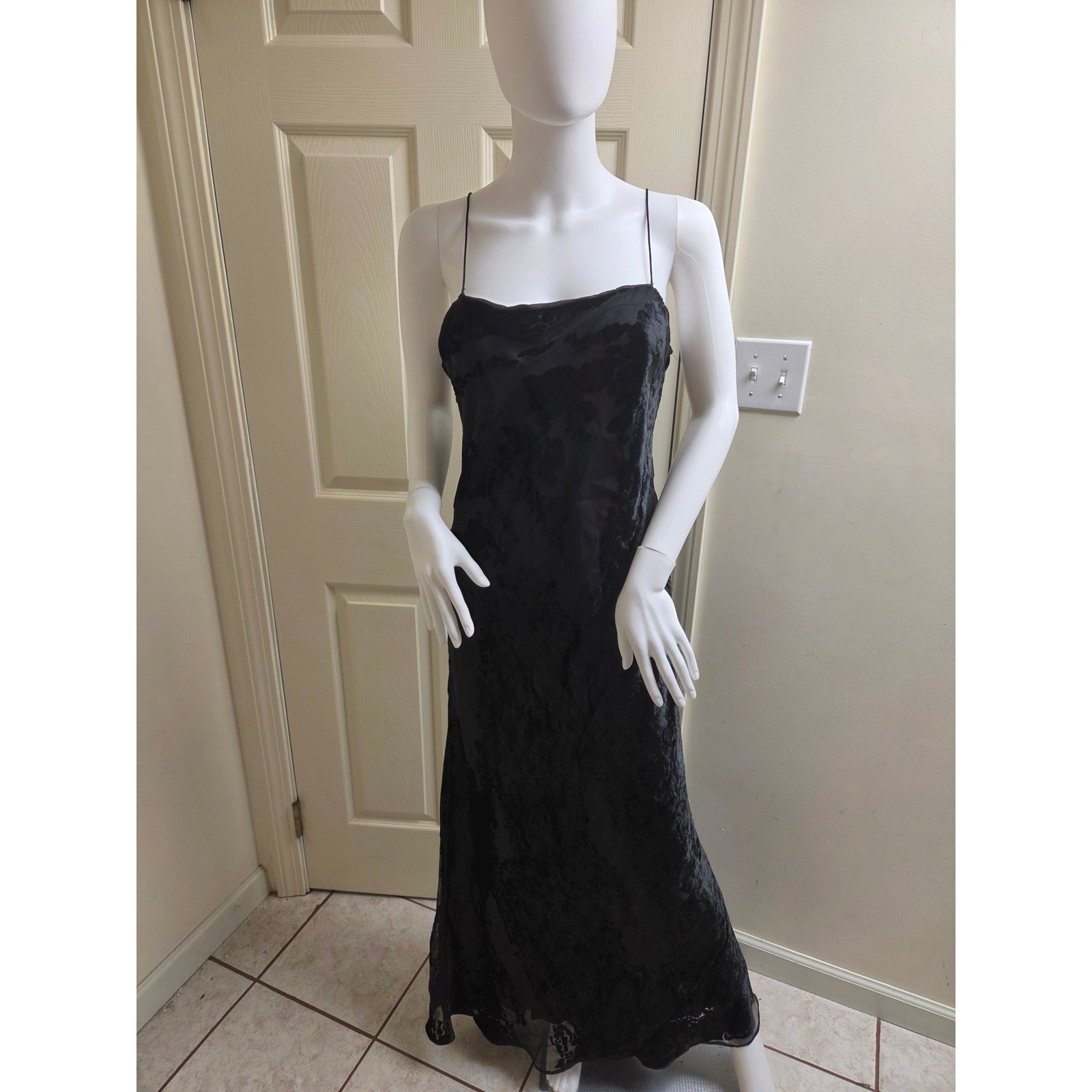 Hampton Nites Vintage Black Velvet Burnout Floral Maxi Dress Spaghetti Strap 10