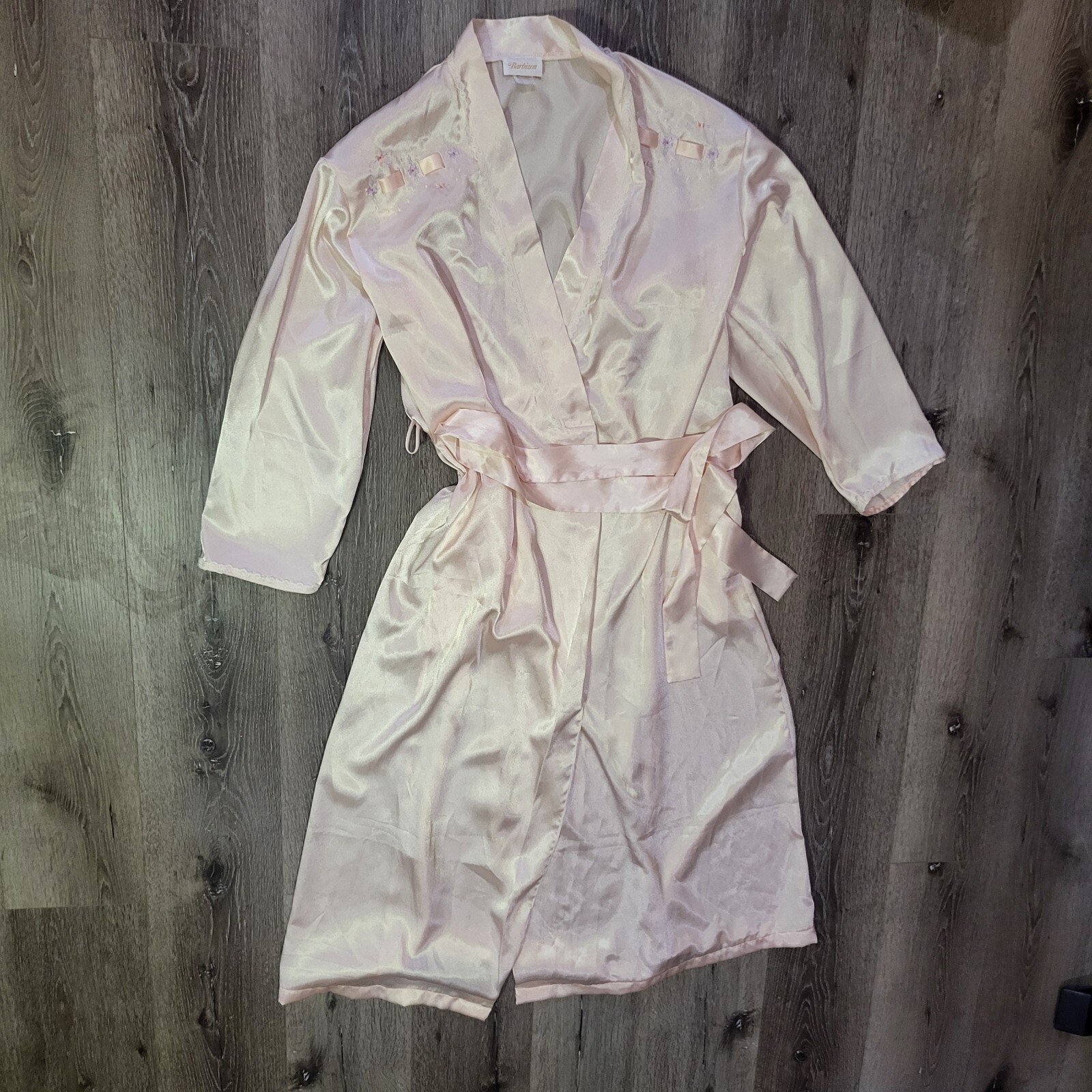 Vintage Barbizon Satin Robe Pink Nude Ribbon Embroidered Tie Sleep Tie Lace