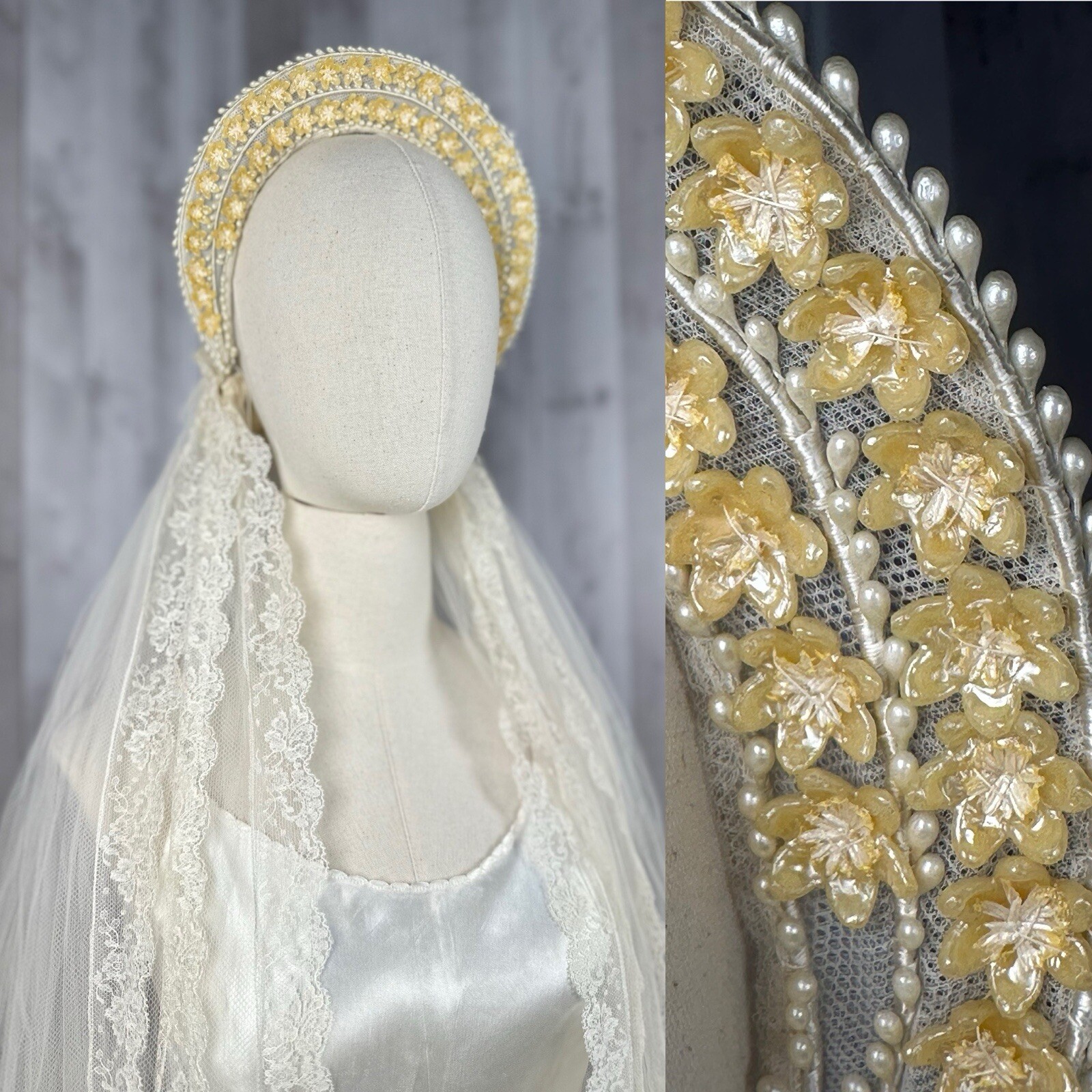 🌷1920s Art Deco Liquid Satin Wedding Gown / Bridal Dress Veil w/Wax Flowers