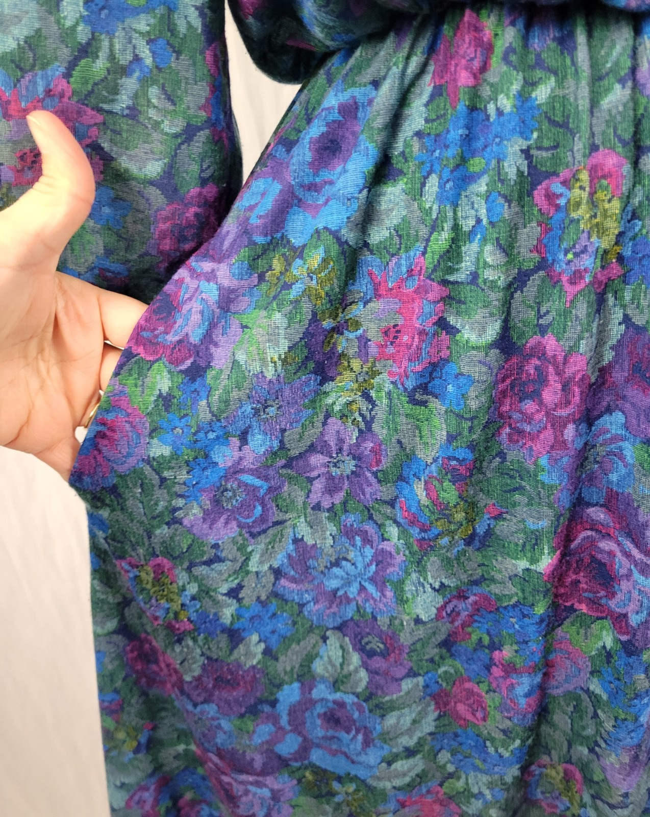 Vintage Sue Sherry Green/Purple/Blue/Magenta Floral Blouson Dress Size 16