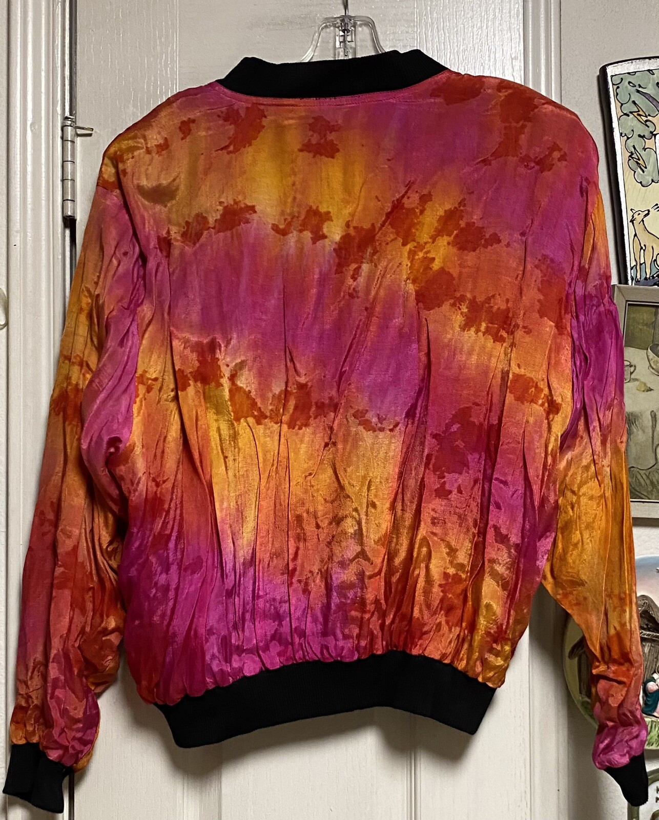 Vintage RIDE Rayon/Cotton Fuchsia Orange & Black Bomber Jacket W/Shoulder Pads