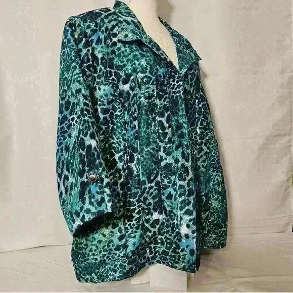 Added Dimensions Womens Top Jacket Colorful Blue & Black Animal Print