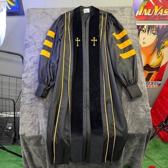 Vintage Choir Robe Unisex XL Black Gold Cross Clergy Regency Genuine