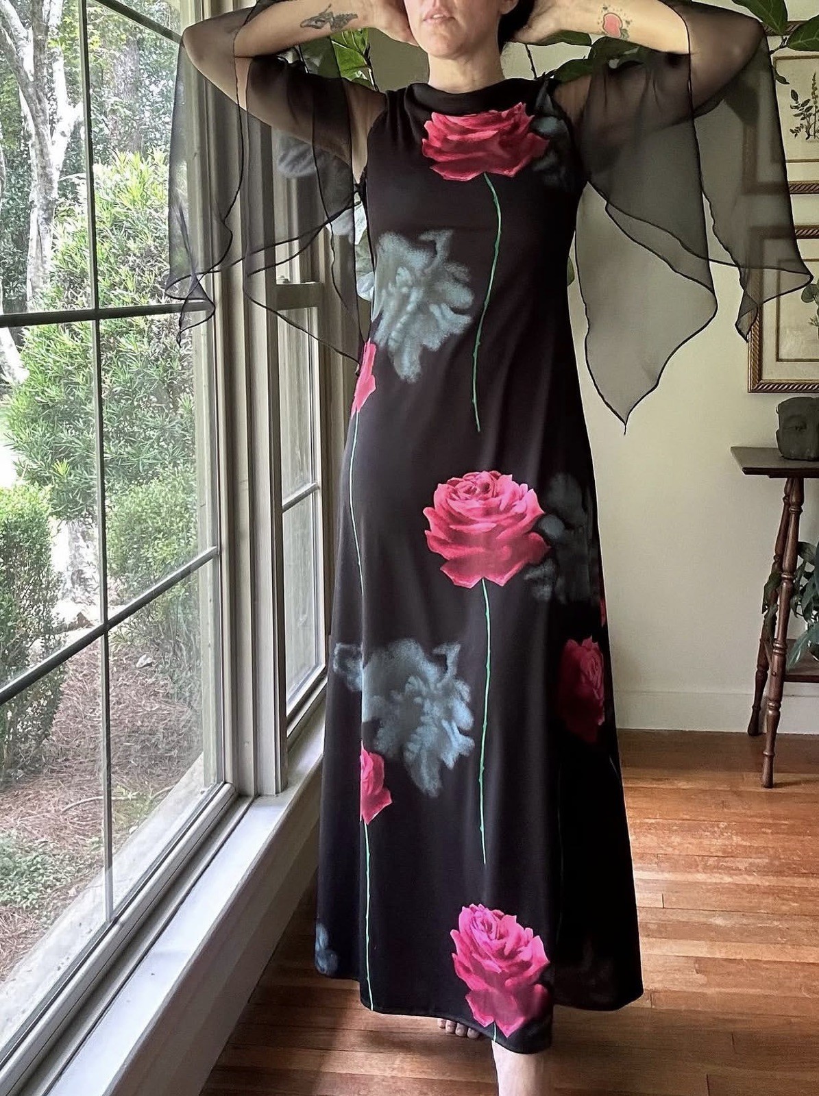 Glamorous Vintage 70s Black Roses Maxi Dress with Chiffon Angel Sleeves Size M/L