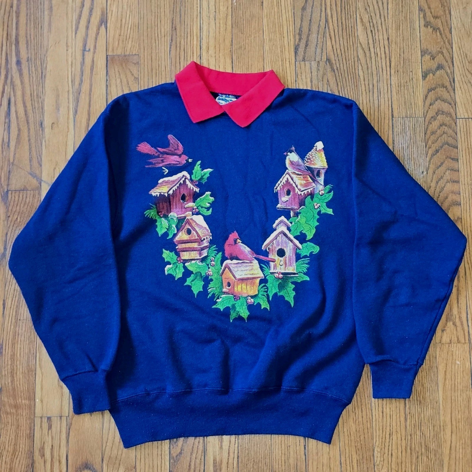 Vintage 1990s Christmas Bird House Cardinal Grandma Core Sweatshirt Size M