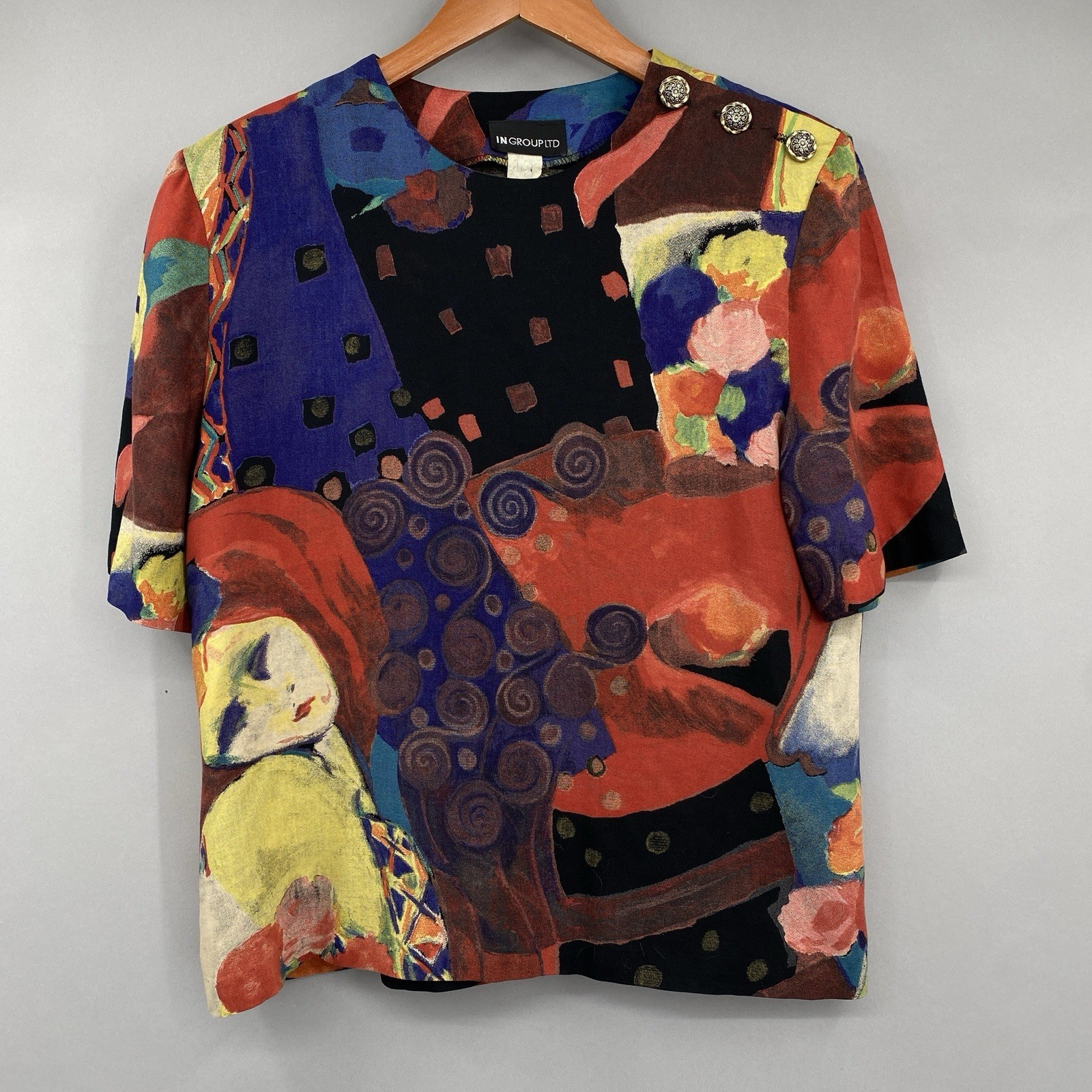 In Group Ltd Vintage 90s Abstract Art Print Blouse Womens M Klimt Art to Wear