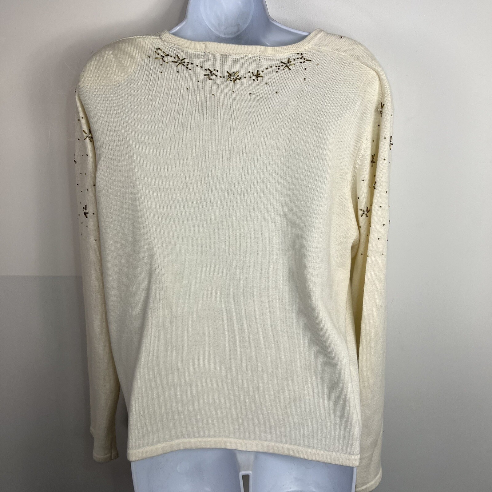 Karen Scott Cardigan sz L Ivory Gold Embroidered Snowflake 90s Retro VINTAGE vtg