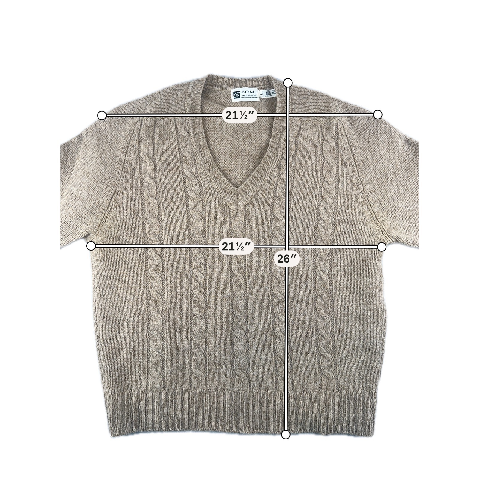 ZCMI Vintage 70s Beige Pure New Wool Sweater Size Large Made in British Crown HK