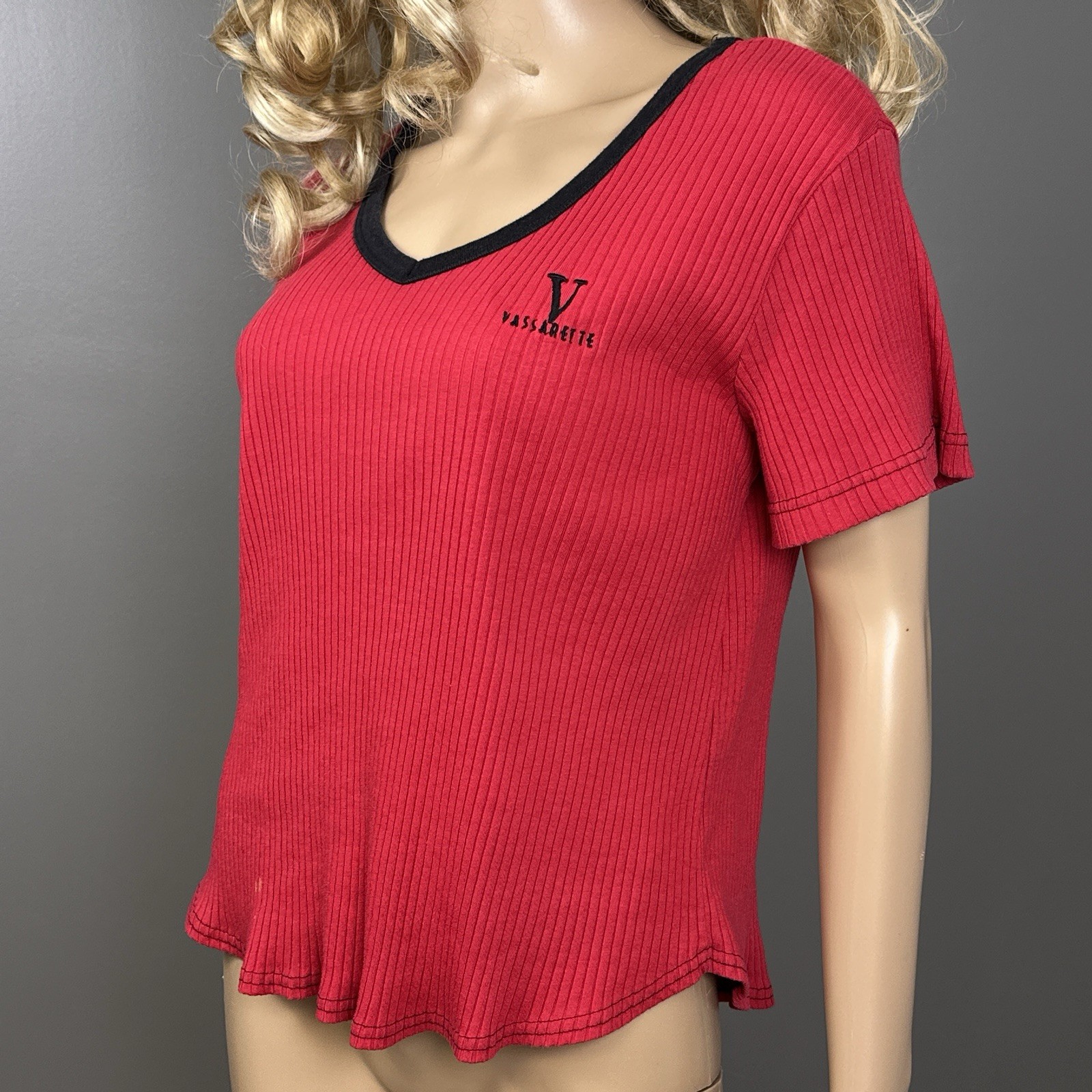 Vintage Vassarette Ribbed Baby Tee Red Black V Neck Logo Top Large 90s Y2K
