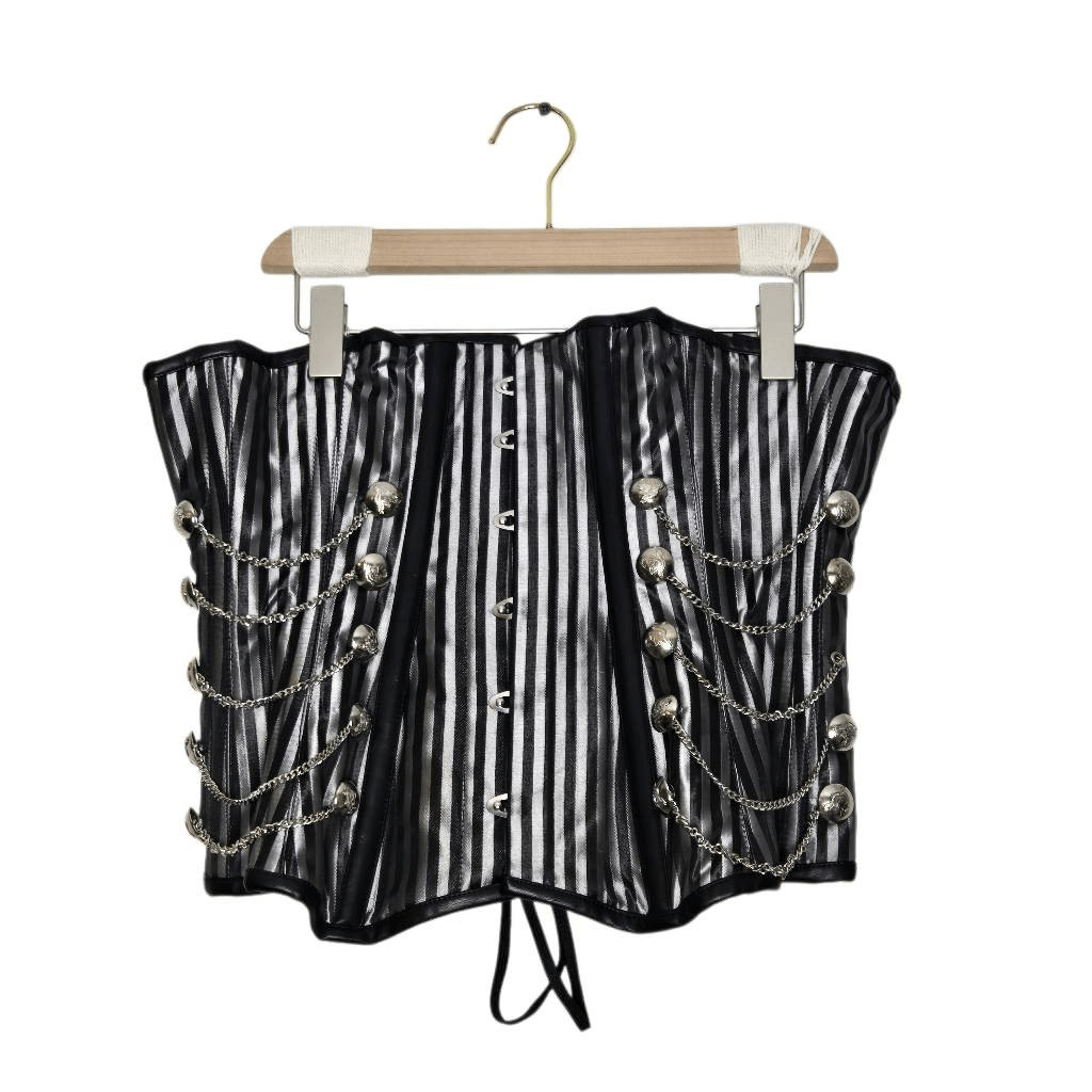 Silver Black Boned Corset Size 28 Stripe Button Chain Heavy Burlesque Steampunk