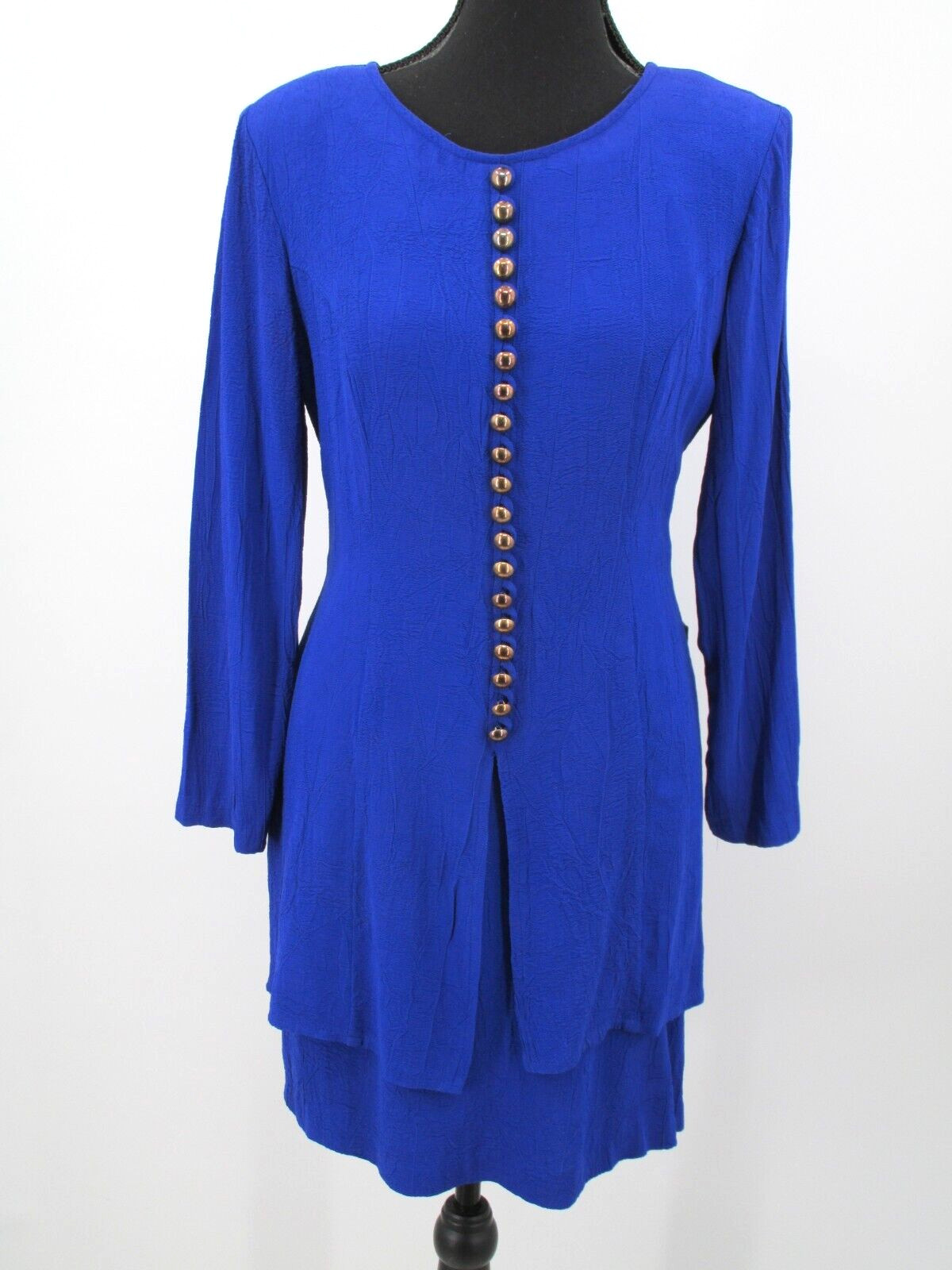 DAWN JOY Midi Career Dress Women SZ 7/8 Blue Peplum Brass Buttons VINTAGE 80’s