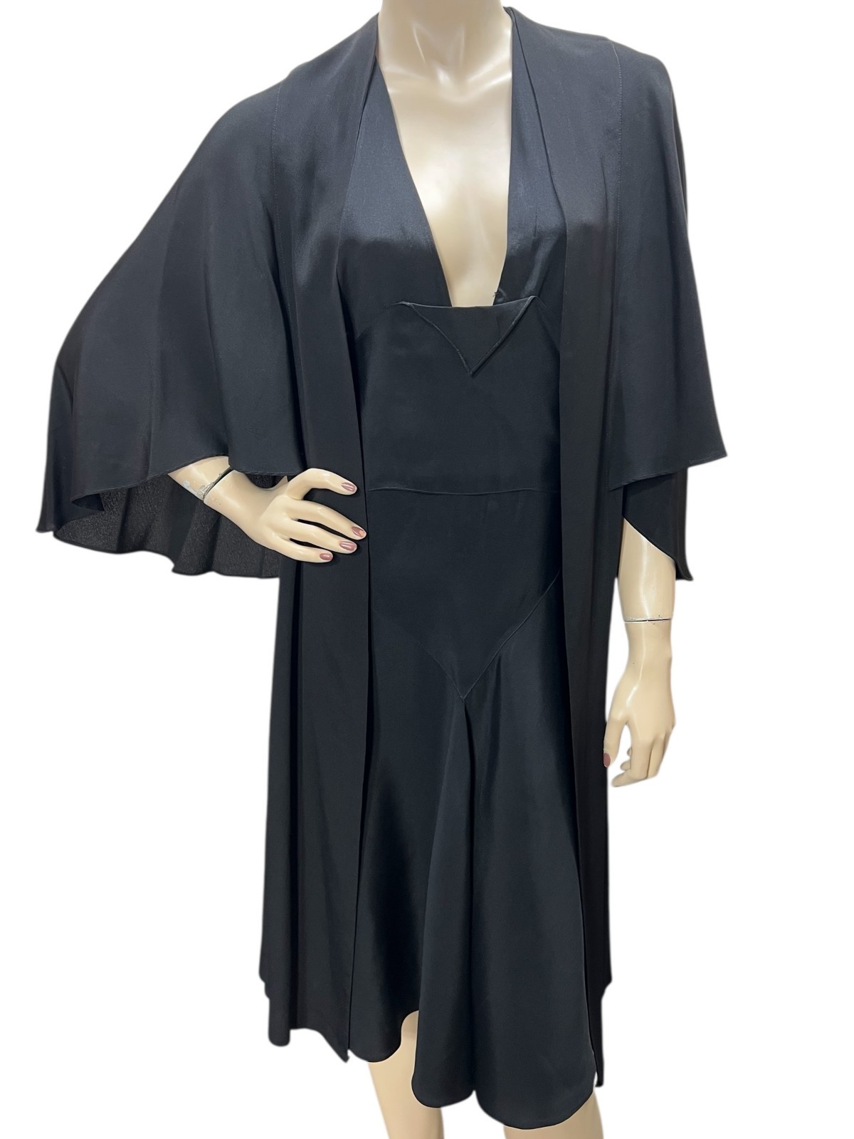 FABULOUS Vtg 20s 2 Pc Dress + Cape Sz S-M Black Rayon Chemise + Long Jacket EUC