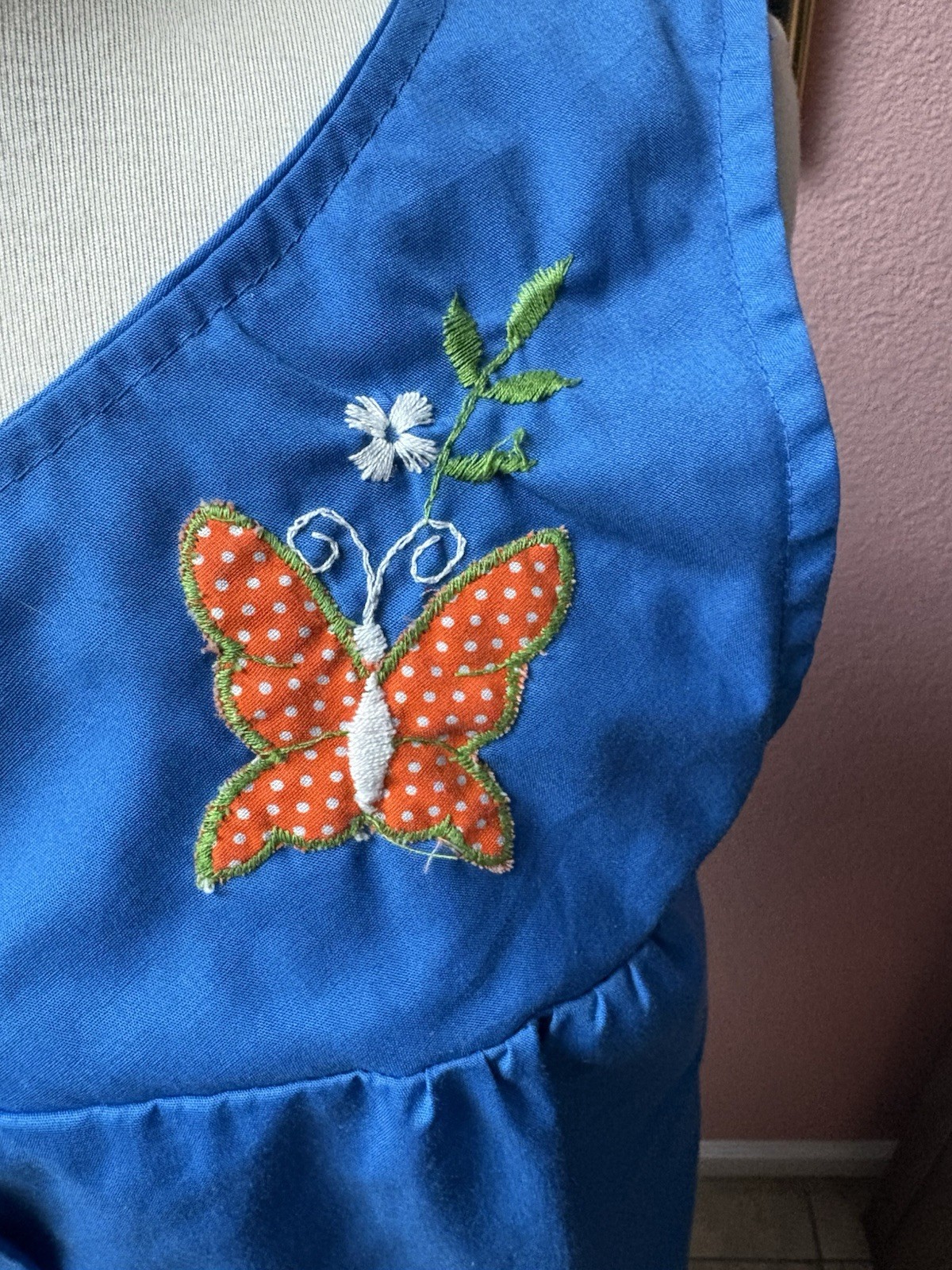 1960s Blue House Dress w/ Orange Butterfly Patch by It’s A Charm | Size S