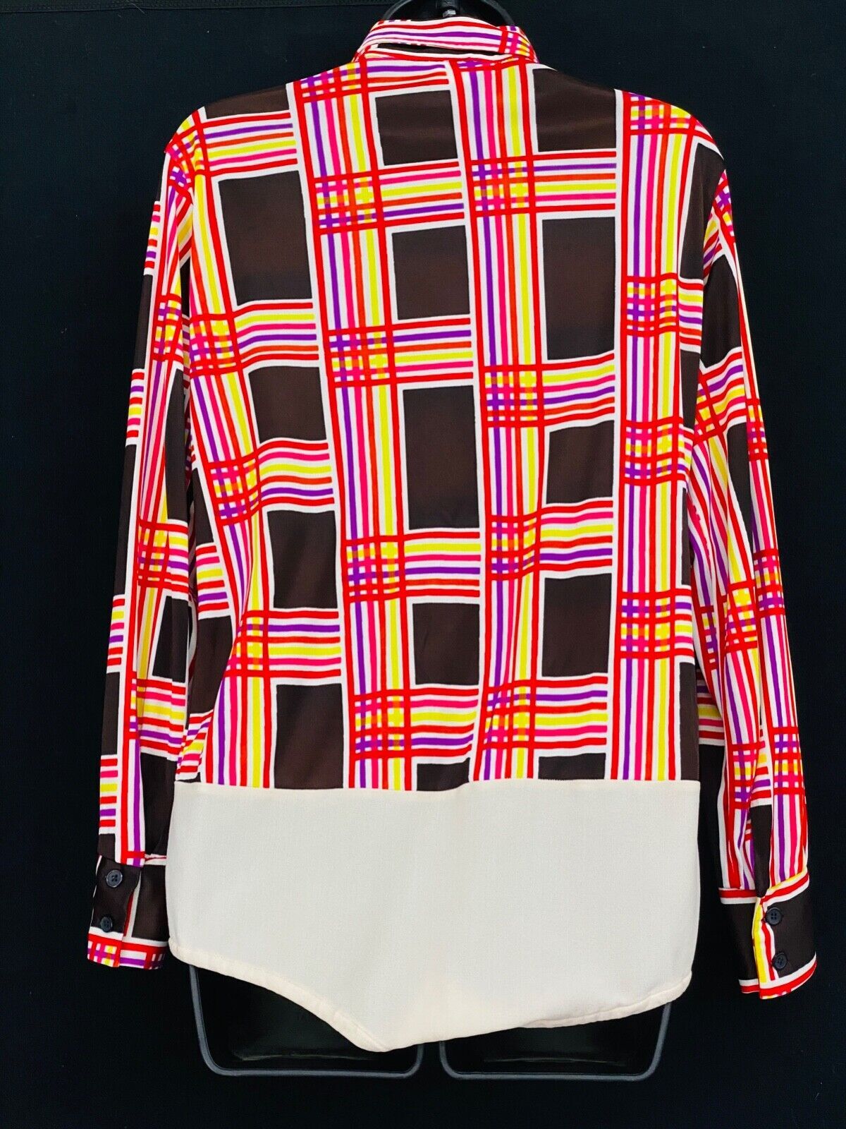 Vintage 1970s plaid bodysuit, pink red long sleeve blouse shirt top collar M L
