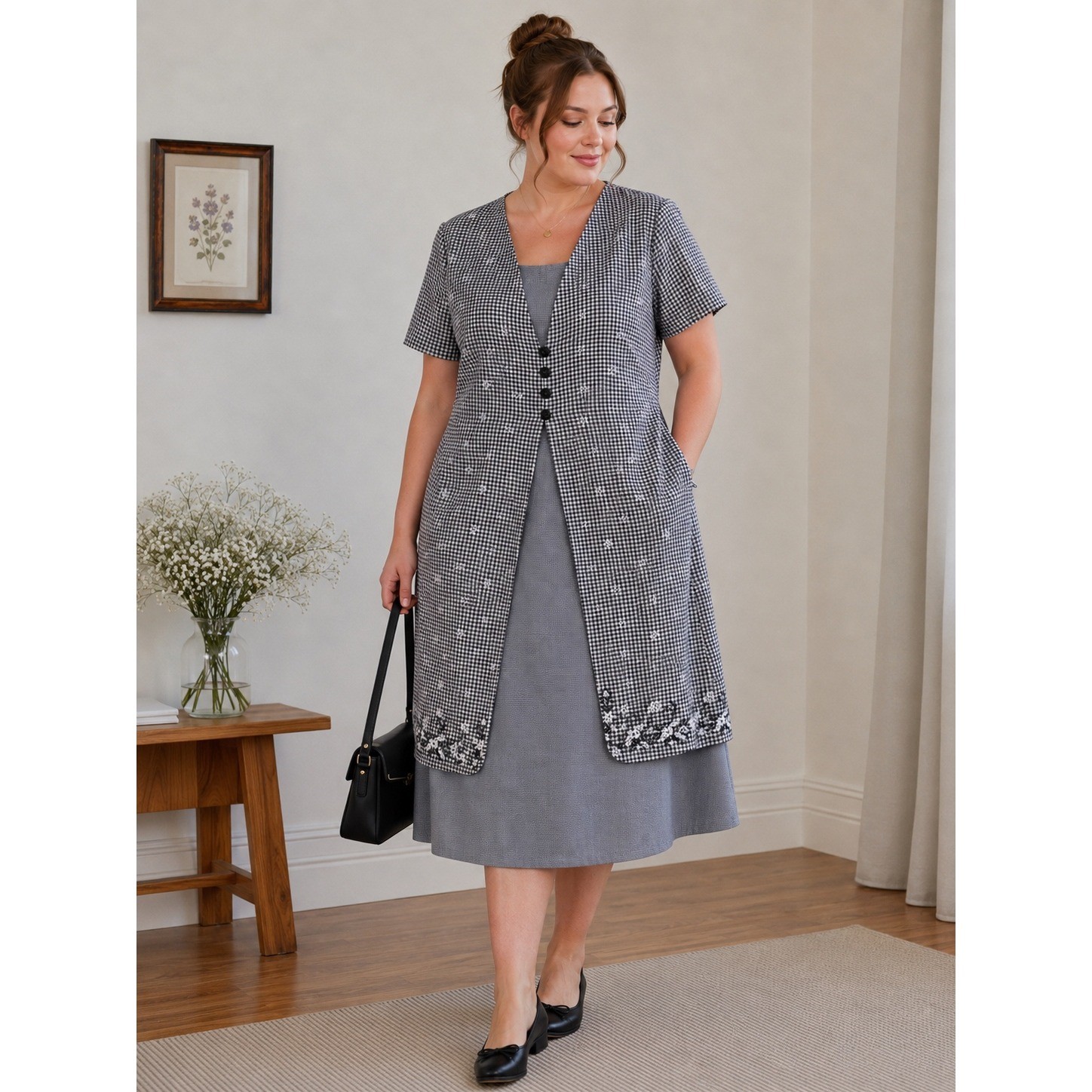 Grandmacore Cottagecore Vintage Gingham Floral Layered Dress Plus 16W