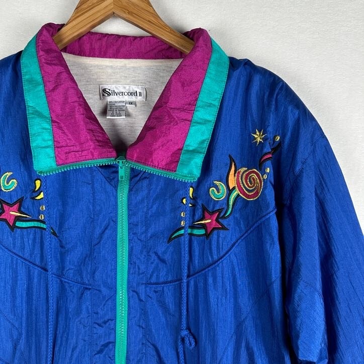 Women’s 1X Windbreaker 90s Silvercord II Blue Purple Retro Full Zip Jacket Vtg