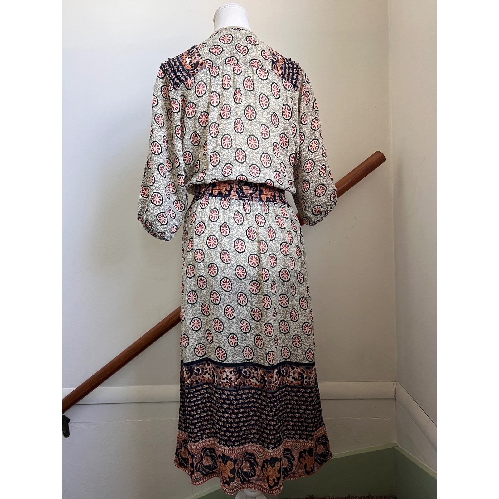 Vintage 70s Midi Dress Boho Smocked Waist Semi Sheer Peasant Batik Block Print