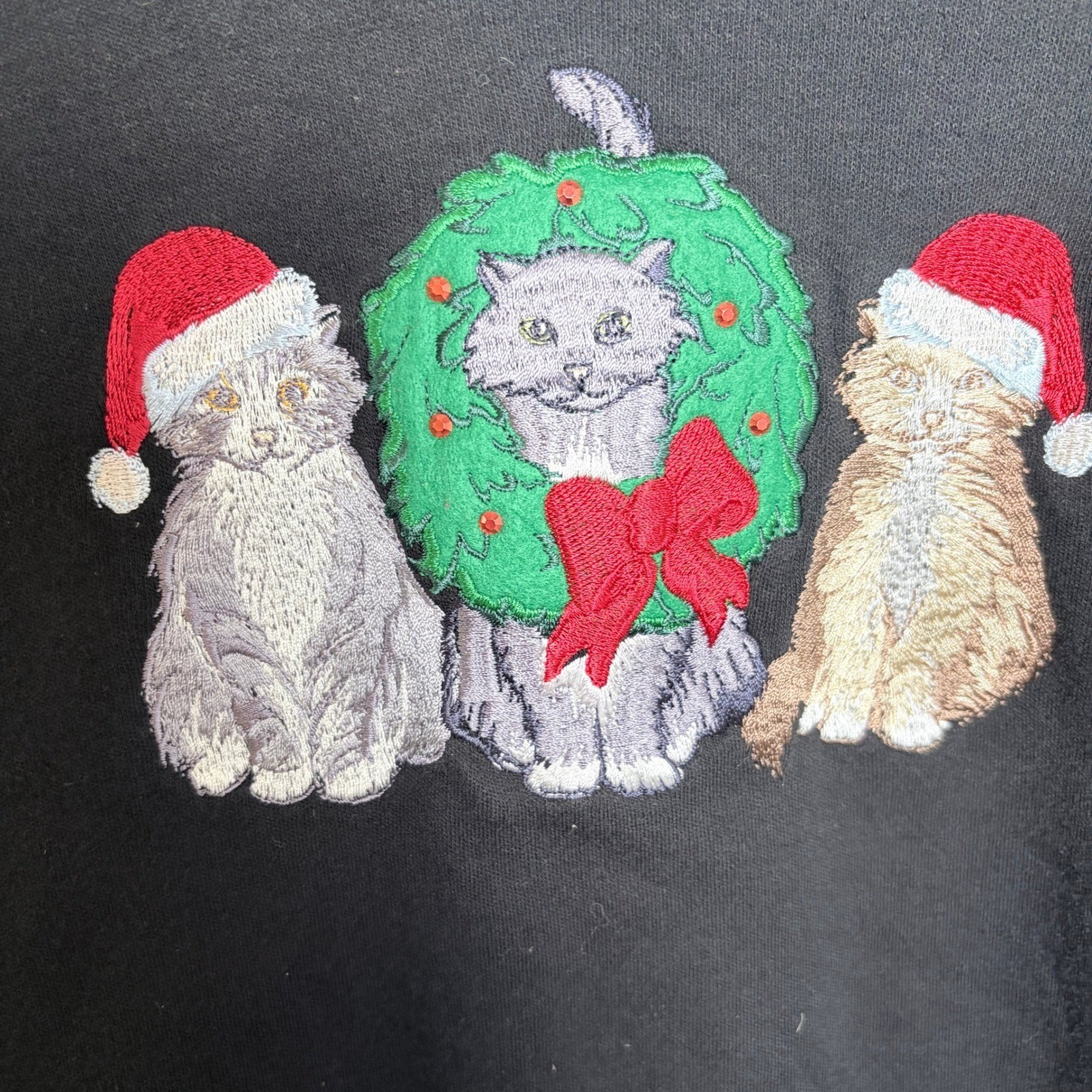 Vintage Christmas Holiday Shirt Long Sleeve Women XL Tee Embroidered Cats Wreath