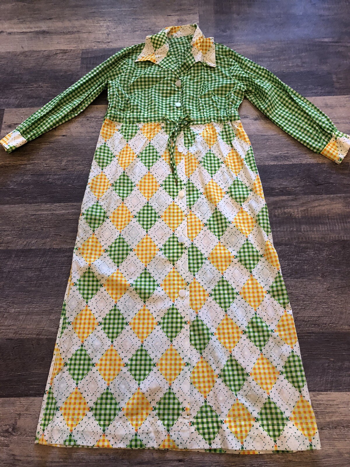 Vintage 60s Dream Wear Inc. Mod Drawstring Maxi Yellow Green Multicolor Sz 12