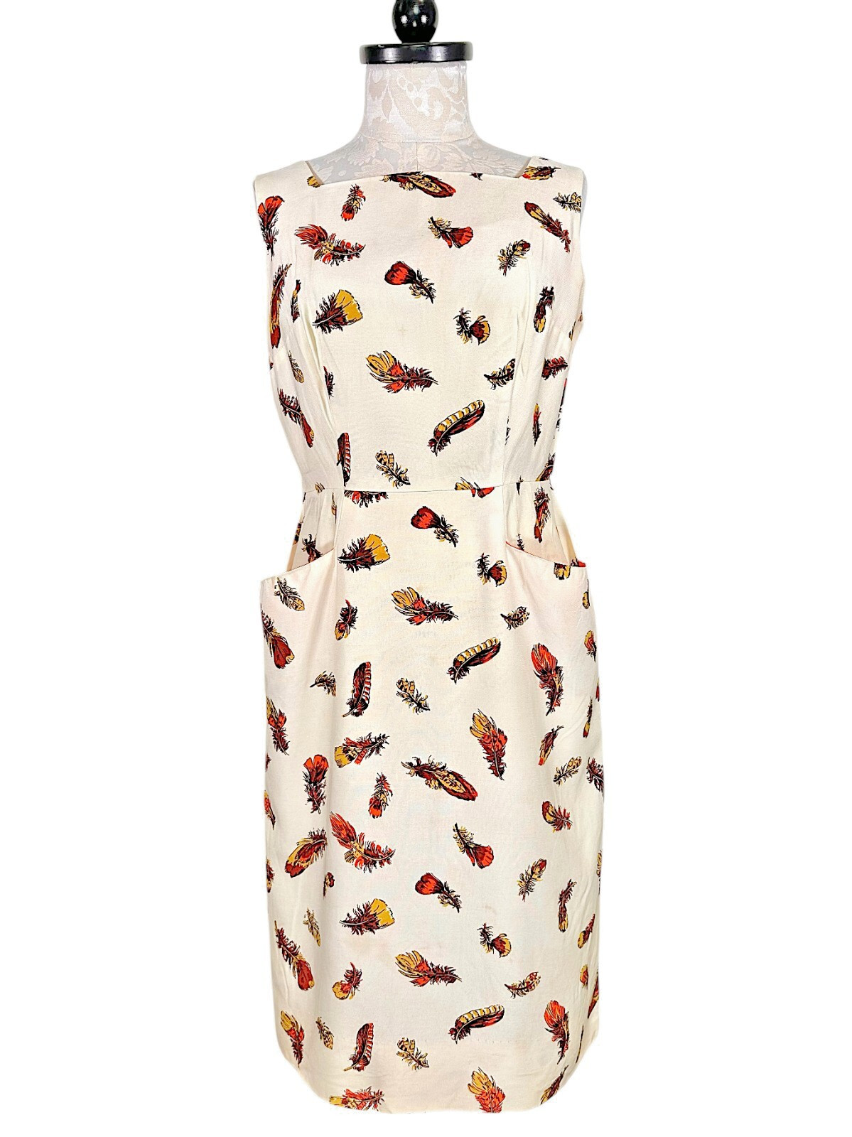 Vintage Cover Girl of Miami Feather Print Retro Sheath Dress