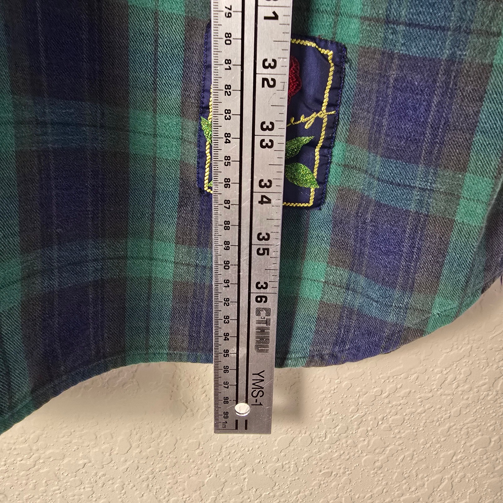 Vintage Esleep Dorm Plaid Night Shirt One Size Rose Patch 100% Cotton