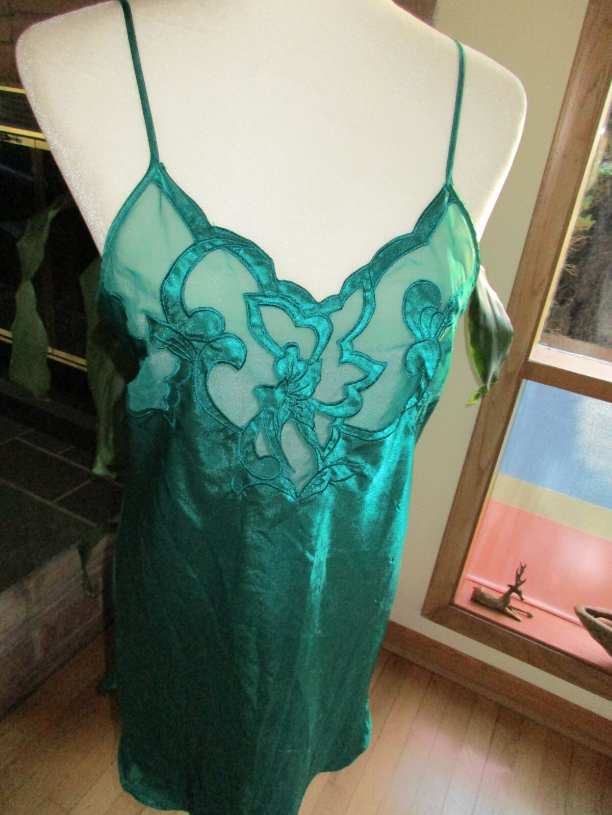 Vintage Victoria Secret Gold Label Cami Nightgown Green Satin Lingerie Medium