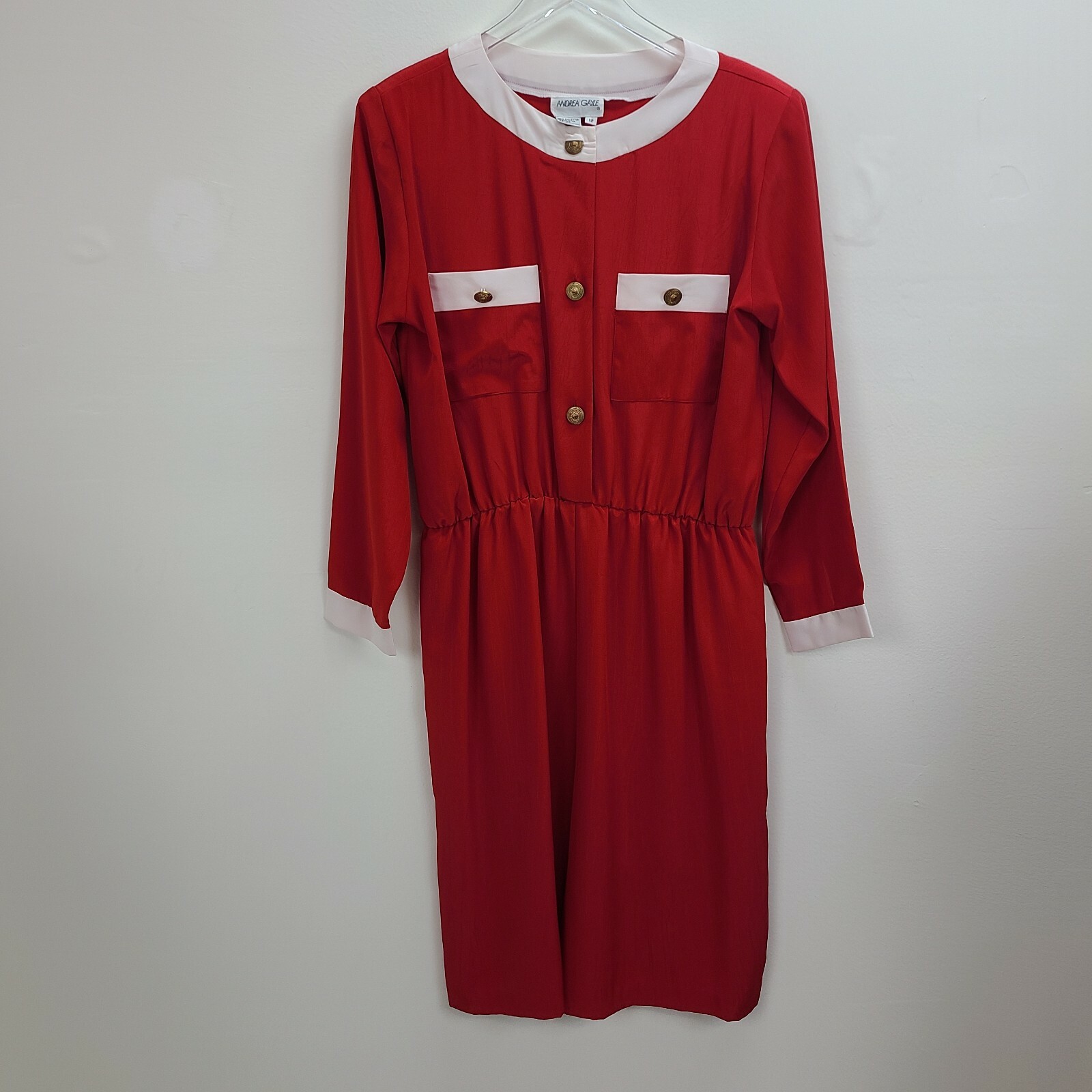 Andrea Gayle Culottes Dress 12 Red Satin One Piece Gold Buttons