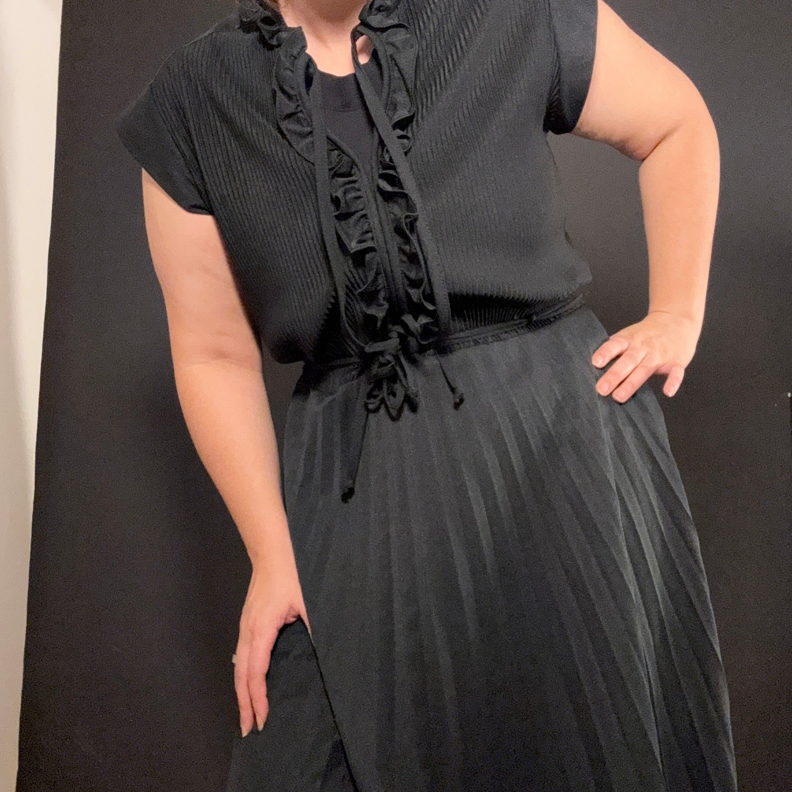 True Vintage 70s Queen’s Row Black Pleated Ruffle Midi Dress Size 18 Whimsigoth