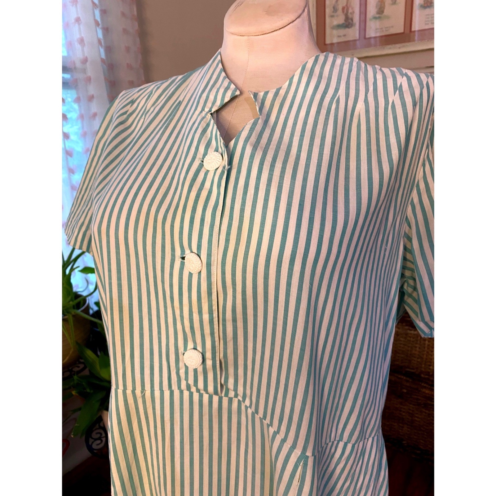 VTG 50’s Teal White Striped Short Sleeve Day Dress handmade rockabilly