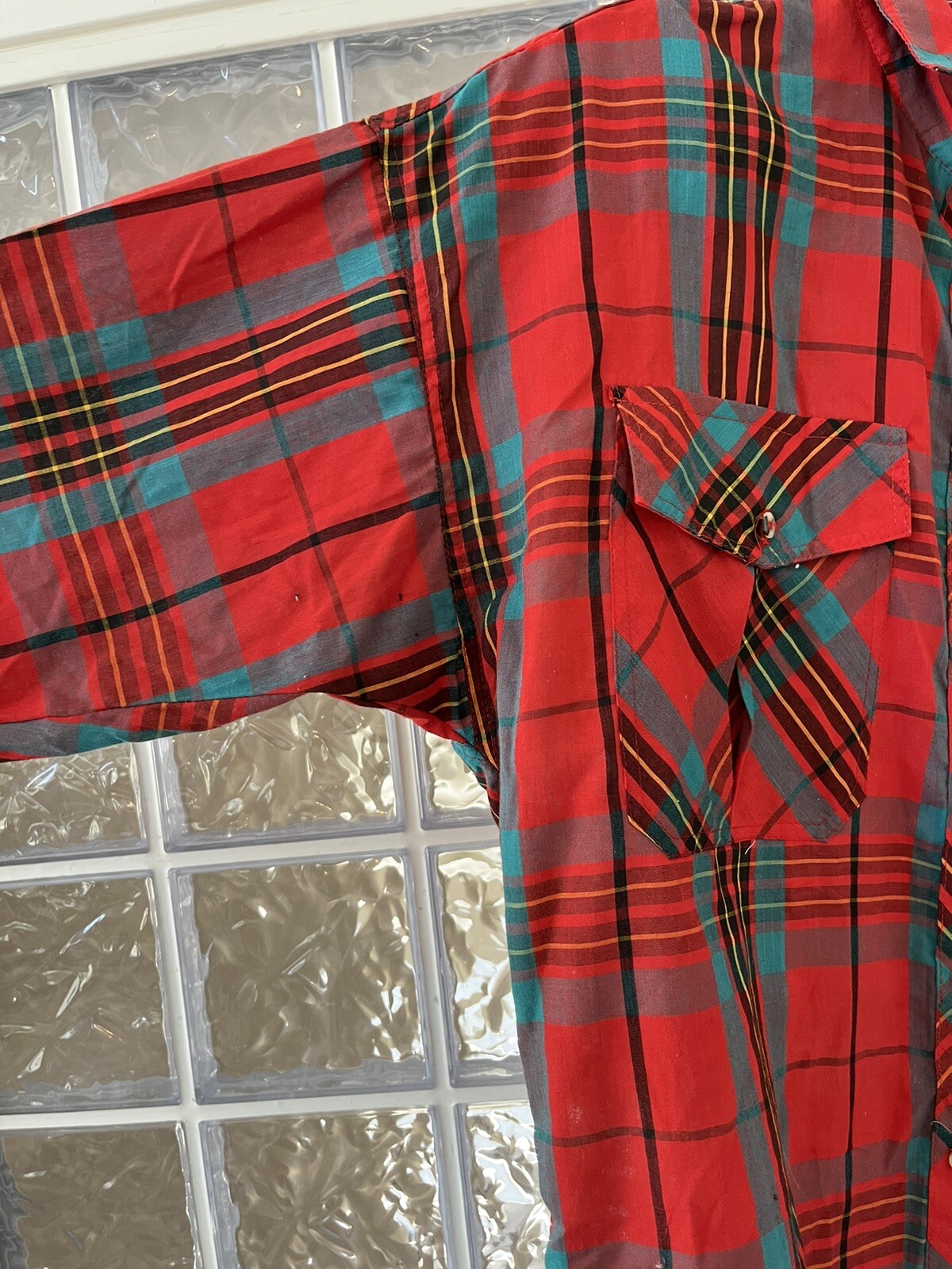 CIRCLE T by Marilyn Lenox Vtg Red Turquoise Plaid Western Button Down Shirt 9-10
