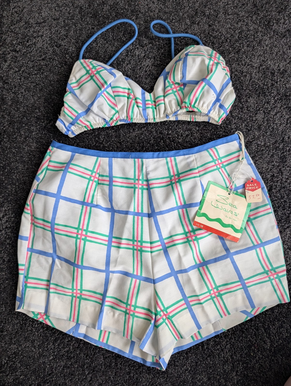 Vintage 70s 80s Sea Waves 2pc Swimsuit Playsuit Beach Retro Pin-Up NOS Resort