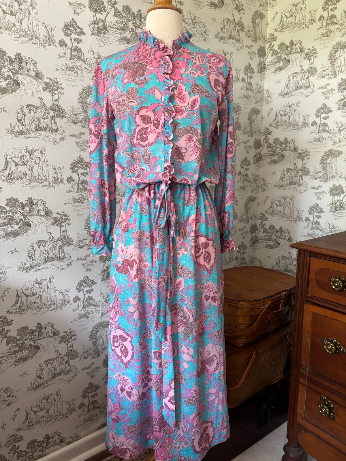 Vintage 70s Funky Floral Midi Dress Blue and Pink Gathered Tie Waist Ruffles