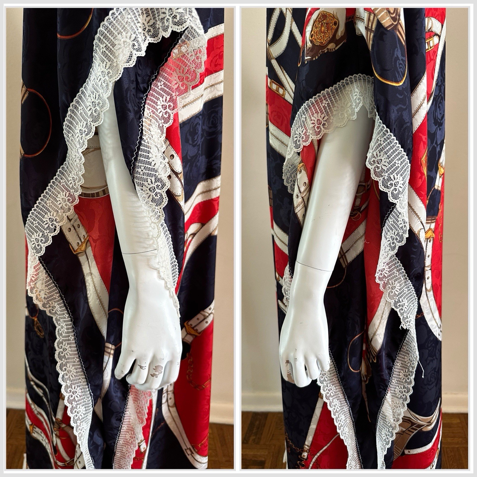 1970s Equestrian Scarf Print Caftan Dress Red Navy Gold Maxi Boho Resort Vintage