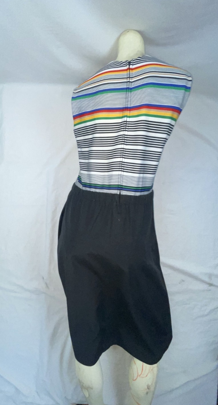 VTG 80S WOMENS S RETRO NEW WAVE SLEEVELESS STRIPED BLACK DRESS