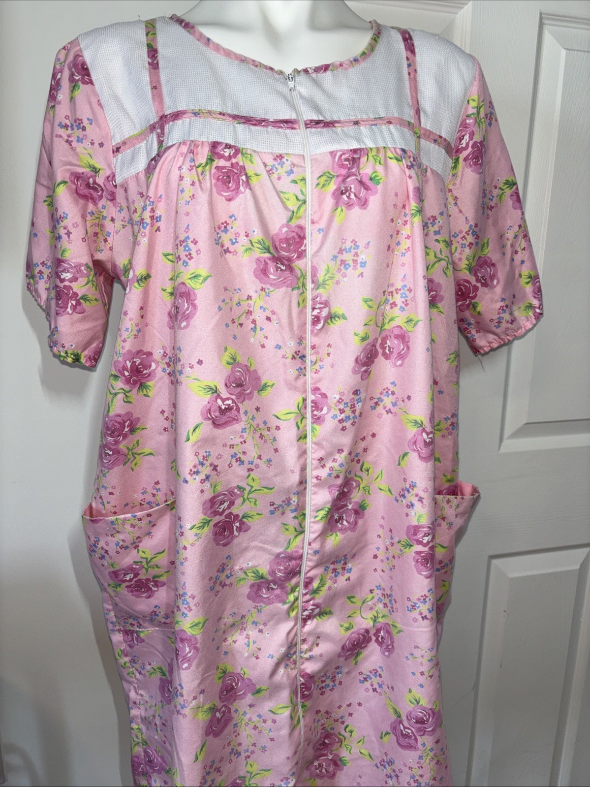 Vintage Casual Nights Pink Floral Zip Front House Coat Dress Nightgown XL