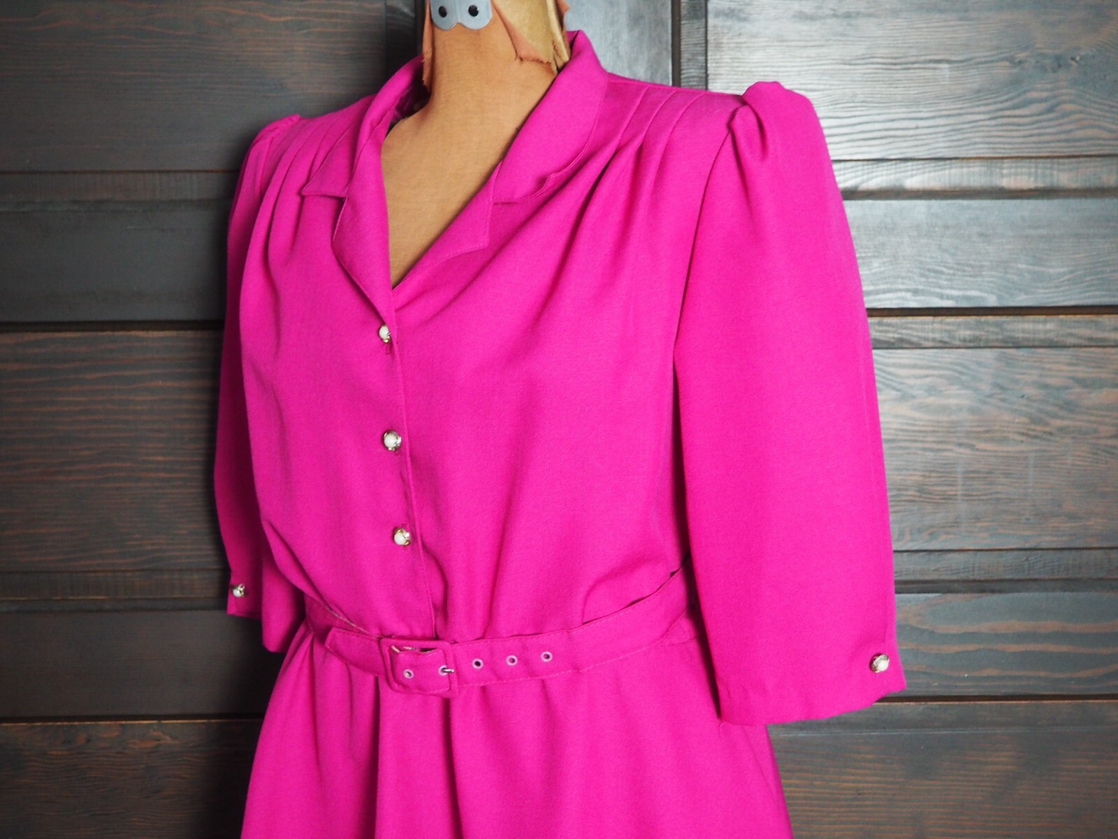 VTG 80s Fuchsia Pink Button Belted Preppy Party Dress Shoulder Pads 3/4 Sleeve M